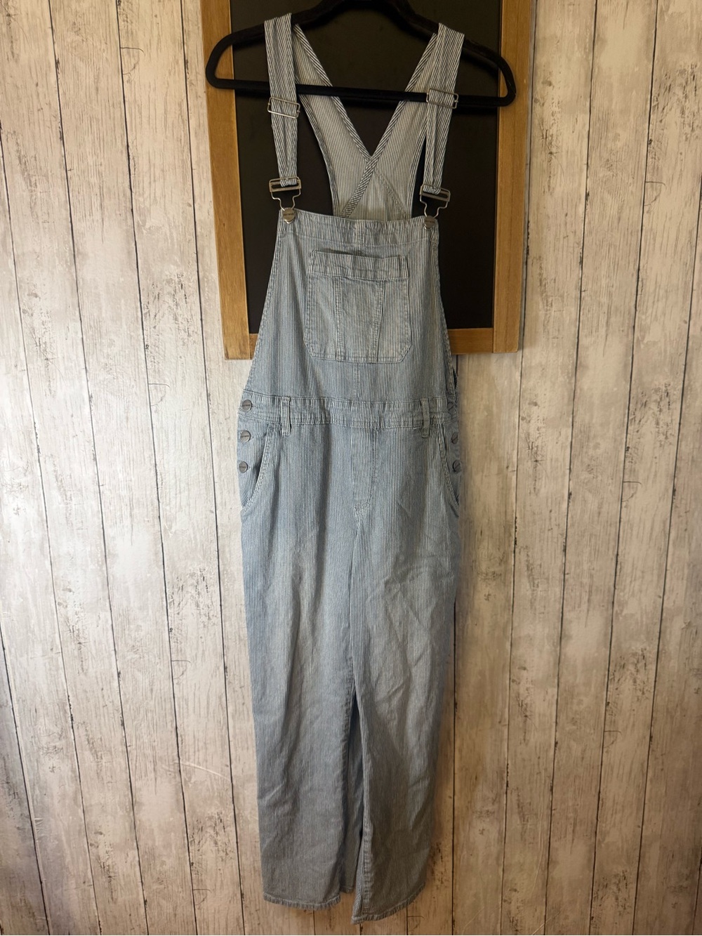 Driftwood Womens Overalls Blue Railroad Striped Denim Pockets Medium